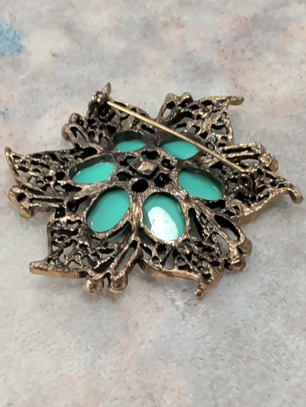 Vintage Turquoise Floral Crystal Brooch Retro Costume Jewelry